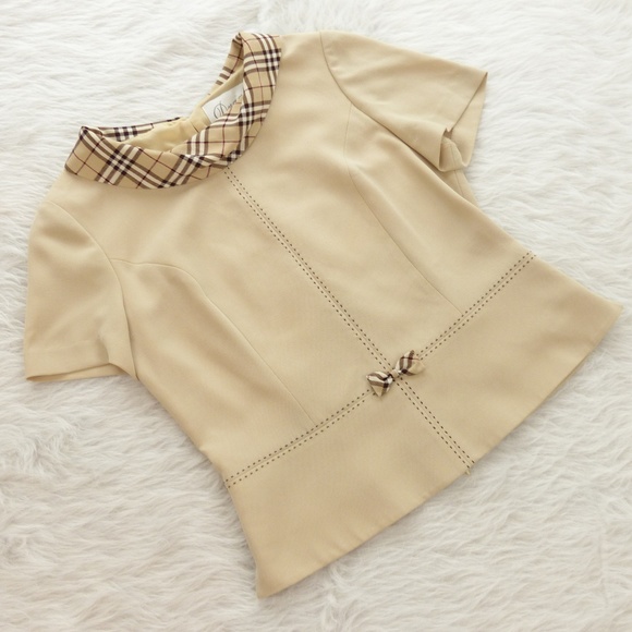 Vintage Tops - Vintage 50s, 60s Tan & Brown Check Peplum Blouse